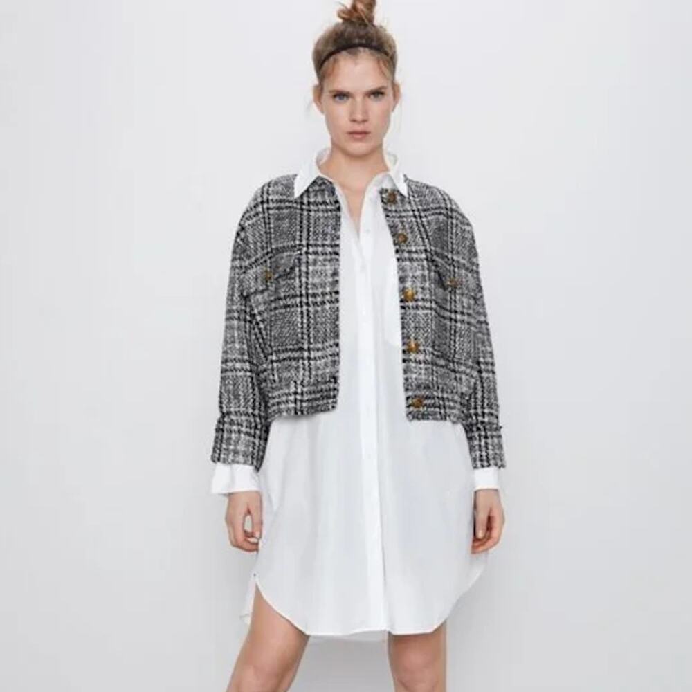 Zara Plaid Tweed Bomber Jacket Size Small